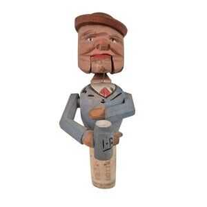 Vintage Wooden Wine Stopper Nutcracker Folk Art Man Beer Stein Hinged Mouth